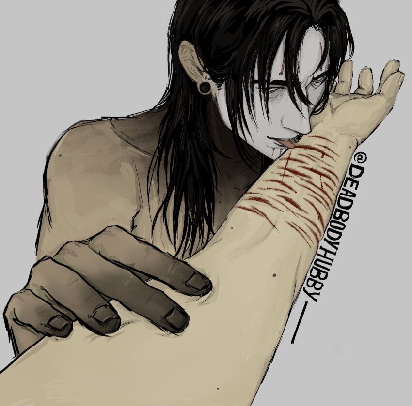 1boy 1other black_hair colored_extremities deadbodyhubby dirty_hands earrings highres jewelry licking_another's_arm long_hair male_focus messy_hair original outstretched_arm pov pov_hands self-harm tongue tongue_out topless_male wrist_cutting