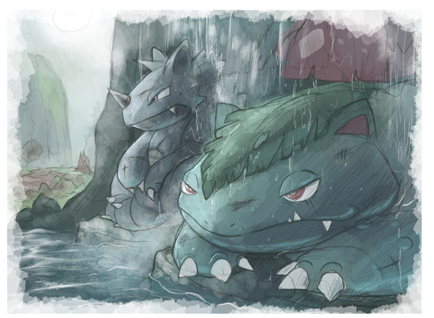 animal_focus border bright_pupils brown_eyes claws closed_mouth fangs gen_1_pokemon highres injury nintendo no_humans nostrils outdoors pokemon pokemon_(creature) pond rain red_eyes rhydon sitting venusaur venusaur-propaganda white_border white_pupils