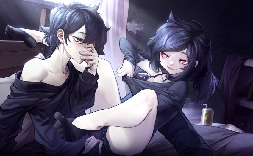 1boy 1girl andrew_graves_(the_coffin_of_andy_and_leyley) ashley_graves basilcopperhand black_bra black_collar black_hair black_shirt black_socks black_sweater blush bra brother_and_sister clothes_pull collar feet hand_on_own_face looking_at_another pulling shirt shirt_pull siblings smug socks sweater the_coffin_of_andy_and_leyley underwear