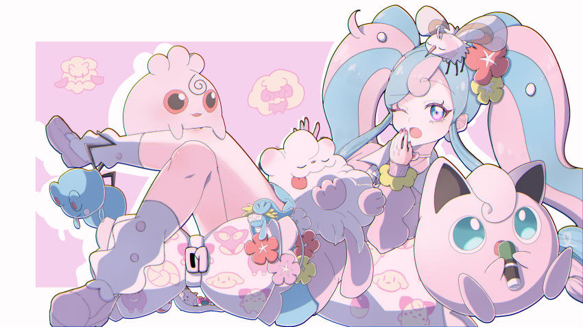 1girl absurdres alternate_color azurill blue_skirt bull_sprite_(pokemon) cardigan choker clefairy_sprite_(pokemon) comfey cottonee fairy_miku_(project_voltage) fish_sprite_(pokemon) flower fossil_sprite_(pokemon) gen_1_pokemon gen_2_pokemon gen_3_pokemon gen_5_pokemon gen_6_pokemon gen_7_pokemon hair_flower hair_ornament hatsune_miku heart heart_choker highres igglybuff izmiann jigglypuff leg_warmers long_hair multicolored_hair nail_polish nintendo one_eye_closed open_mouth pink_cardigan pink_nails pink_shoes pokemon pokemon_(creature) project_voltage ribombee scrunchie shiny_pokemon shoes skirt slurpuff twintails two-tone_hair very_long_hair vocaloid whimsicott wrist_scrunchie yawning