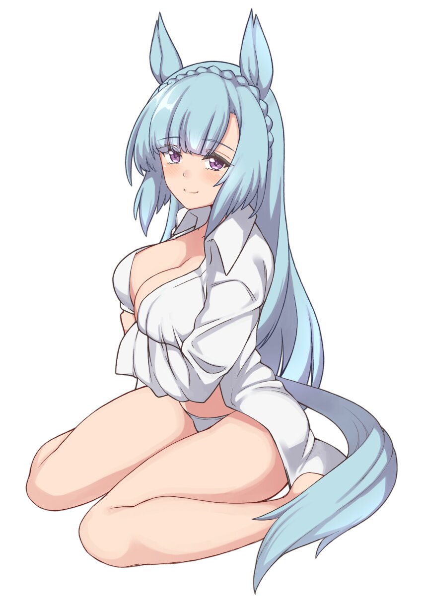 1girl absurdres alternate_costume animal_ears arm_under_breasts blue_hair blue_tail blush breasts cleavage closed_mouth commentary_request hakutaqanta highres horse_ears horse_girl horse_tail large_breasts long_hair looking_at_viewer mejiro_ardan_(umamusume) panties purple_eyes shirt simple_background sitting smile solo tail thighs umamusume underwear wariza white_background white_panties white_shirt