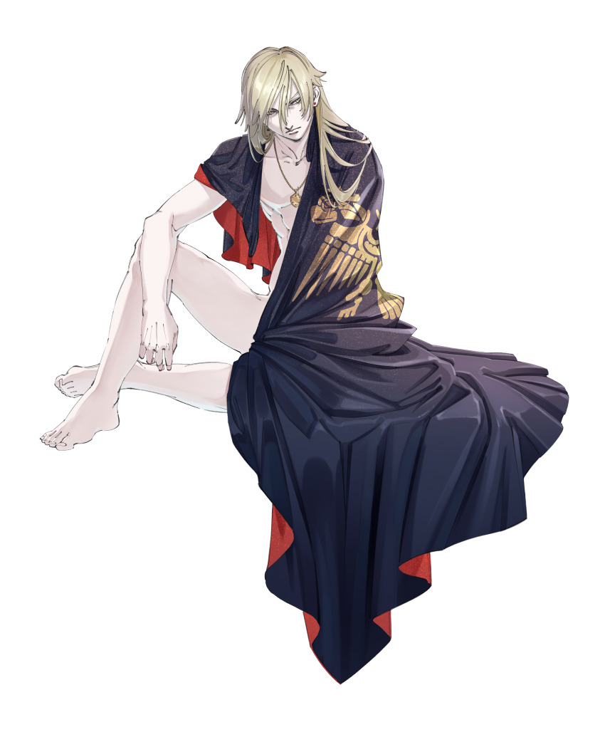 1boy absurdres arm_on_knee barefoot black_cape blonde_hair cape commentary_request dragon_quest dragon_quest_xi earrings highres homeros_(dq11) implied_nudity invisible_chair jewelry jklo932 long_hair looking_to_the_side male_focus muscular muscular_male naked_cape pendant red_cape sitting solo stud_earrings two-sided_cape two-sided_fabric white_background yellow_eyes