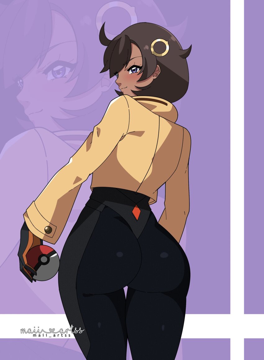 1girl ass black_hair blush bodysuit dark-skinned_female dark_skin emma_(pokemon) from_behind gloves jacket long_sleeves looking_back maiiartss nintendo poke_ball pokemon pokemon_legends:_z-a purple_eyes short_hair