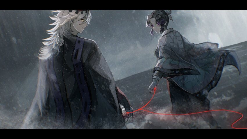 1boy 1girl black_hair blonde_hair commentary_request douma_(kimetsu_no_yaiba) highres japanese_clothes kimetsu_no_yaiba kochou_shinobu long_hair long_sleeves looking_at_viewer looking_back m_u_s_i_n parted_bangs pink_eyes profile short_hair smile standing string string_of_fate yellow_eyes