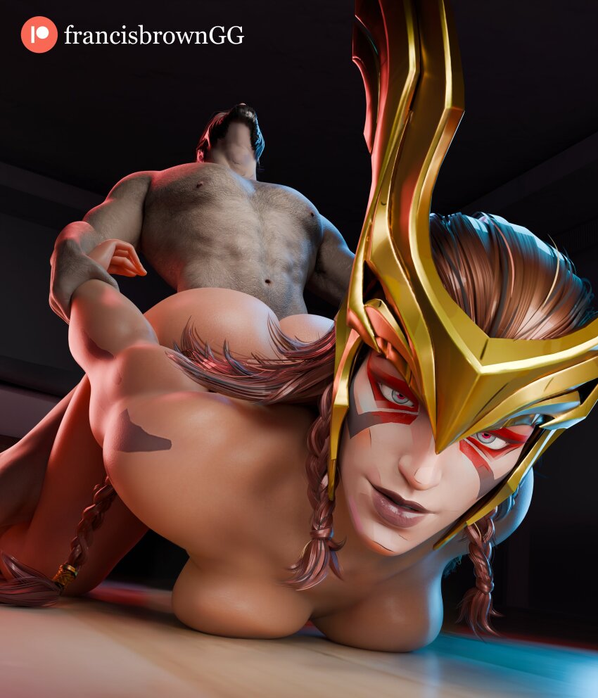 1boy 1girl 3d absurdres angela_(marvel) arm_tattoo ass beard blue_eyes braid breasts brown_hair captain_america captain_america_(series) commentary doggystyle english_commentary facial_hair facial_mark francisbrowngg gold_headdress hairy head_back helmet hetero highres long_hair looking_at_viewer marvel marvel_rivals medium_breasts multicolored_eyes muscular muscular_female muscular_male navel nipples nude orange_hair paid_reward_available patreon_logo red_eyes sex sex_from_behind steve_rogers tattoo thor_(marvel)_(series) winged_helmet