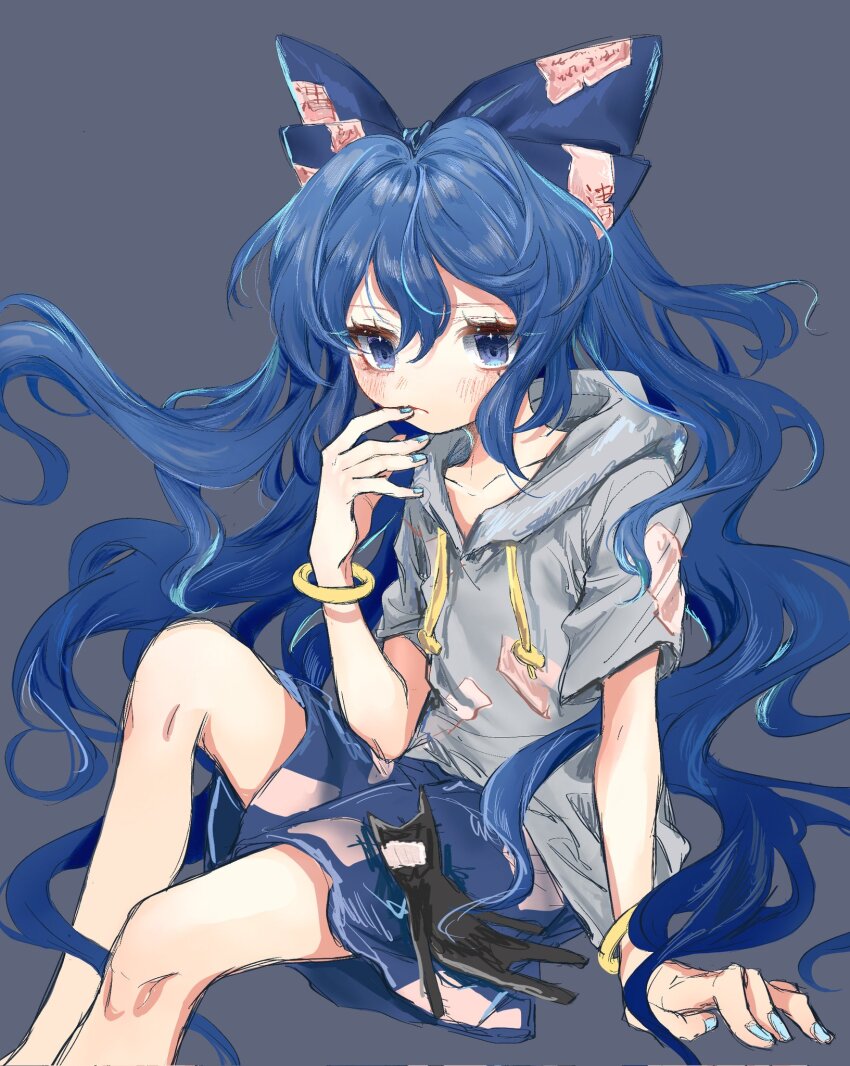 1girl 80isiiii bangle blue_bow blue_eyes blue_hair blue_nails blue_skirt blush bow bracelet collarbone commentary_request grey_background grey_hoodie hair_between_eyes hair_bow highres hood hoodie jewelry long_hair looking_at_viewer short_sleeves simple_background sitting skirt solo stuffed_animal stuffed_cat stuffed_toy touhou very_long_hair yorigami_shion