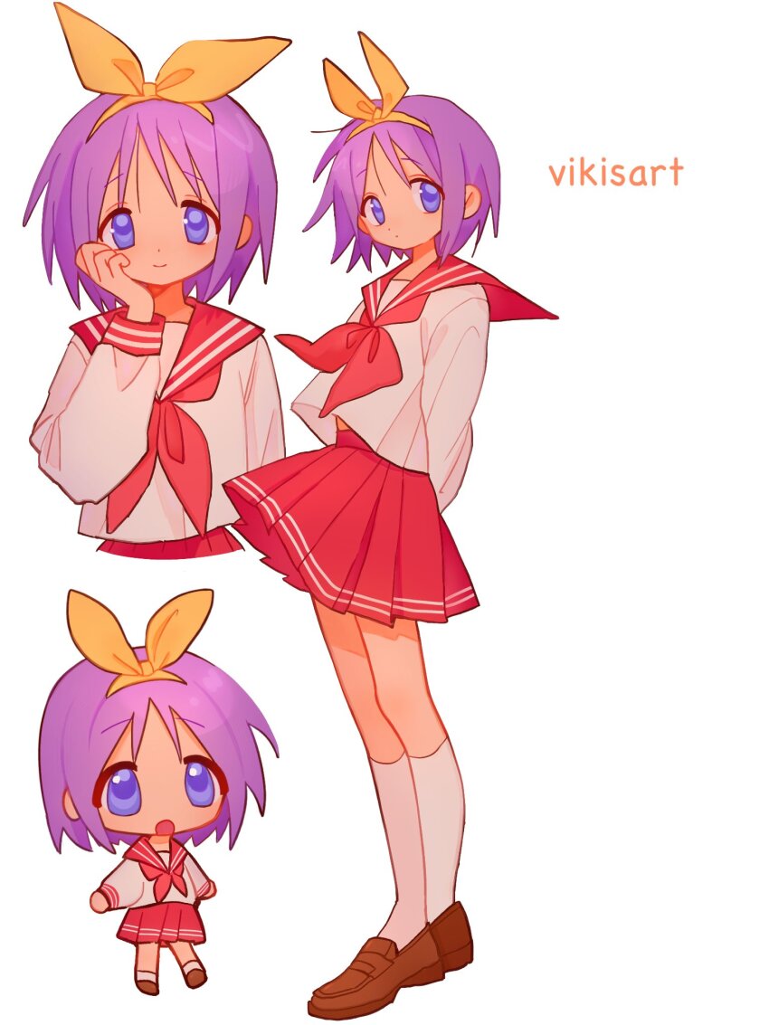 1girl ankle_socks arms_behind_back artist_name blue_eyes brown_shoes chibi chibi_inset hair_ribbon hashtag-only_commentary highres hiiragi_tsukasa lucky_star neckerchief open_mouth pink_neckerchief pleated_skirt purple_hair red_sailor_collar red_skirt ribbon ryouou_school_uniform sailor_collar school_uniform shoes short_hair skirt smile socks vikissart white_background white_socks yellow_ribbon