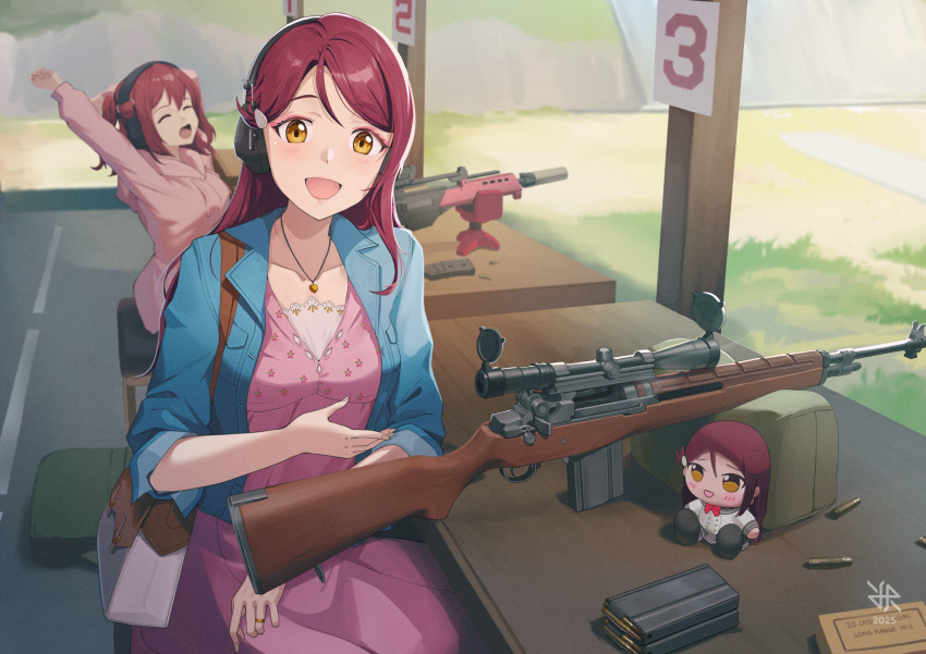 2025 2girls ammunition artist_logo assault_rifle bag battle_rifle blue_jacket brown_eyes bullet character_doll closed_eyes collarbone commentary doll dress english_commentary gun h&amp;k_g36 hair_between_eyes headphones highres hiroki_ree jacket jewelry kurosawa_ruby logo long_hair long_sleeves looking_at_viewer love_live! love_live!_sunshine!! m14 m21 magazine_(weapon) multiple_girls necklace open_mouth pink_dress pink_jacket red_hair revision rifle rifle_cartridge ring sakurauchi_riko shooting_range shoulder_bag sitting smile table weapon wedding_ring