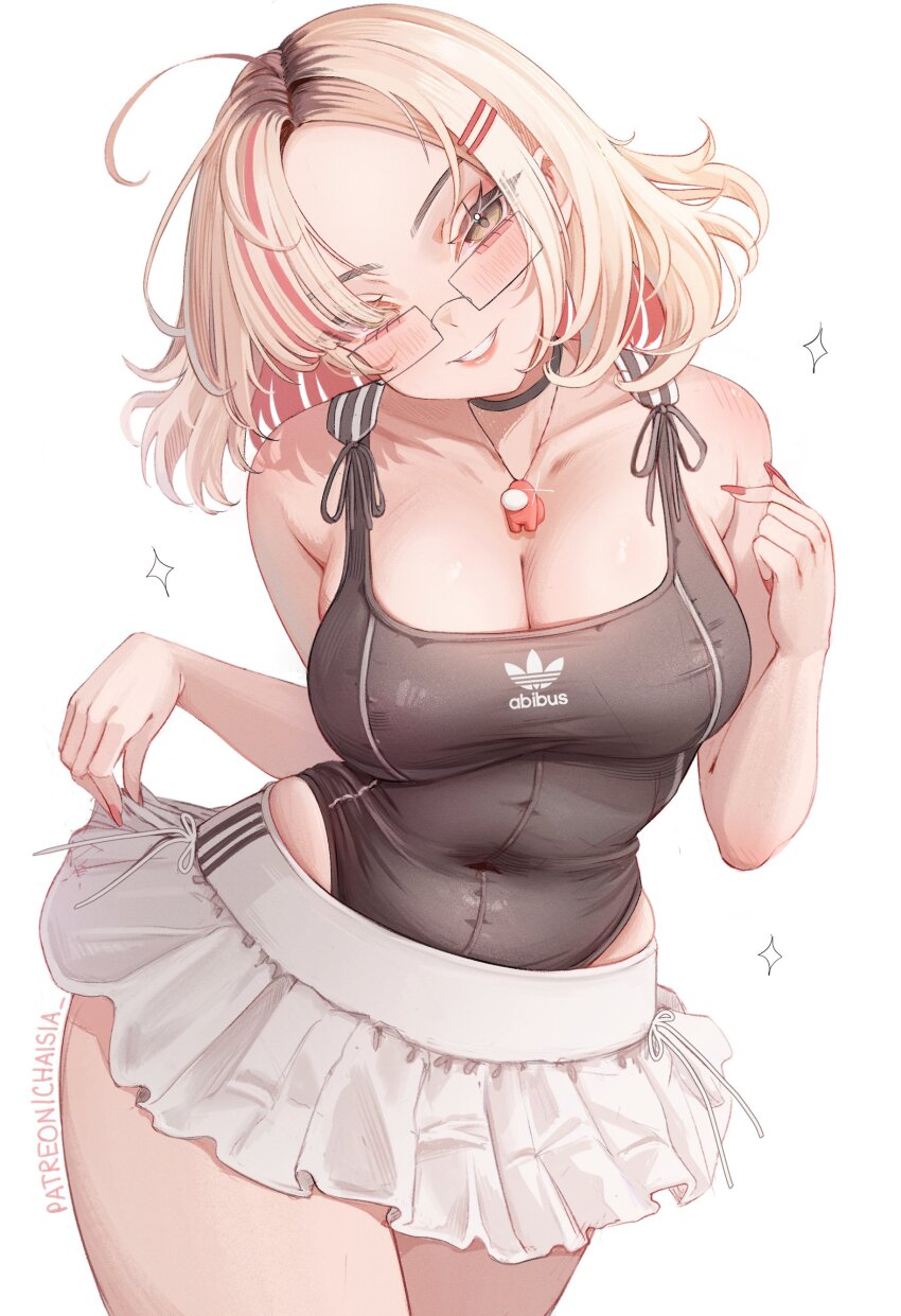 1girl absurdres black_choker blonde_hair blue_one-piece_swimsuit brand_name_imitation breasts chaisia_art choker cleavage commentary covered_navel cowboy_shot english_commentary glasses green_eyes highleg highleg_one-piece_swimsuit highres jewelry large_breasts miniskirt multicolored_hair one-piece_swimsuit original patreon_username pendant red_hair short_hair skirt smile solo streaked_hair swimsuit white_background