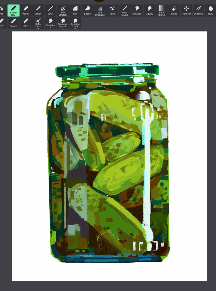 art_program_in_frame commentary english_commentary food_focus green_theme highres jar junbuug no_humans object_focus original painterly pickle simple_background white_background