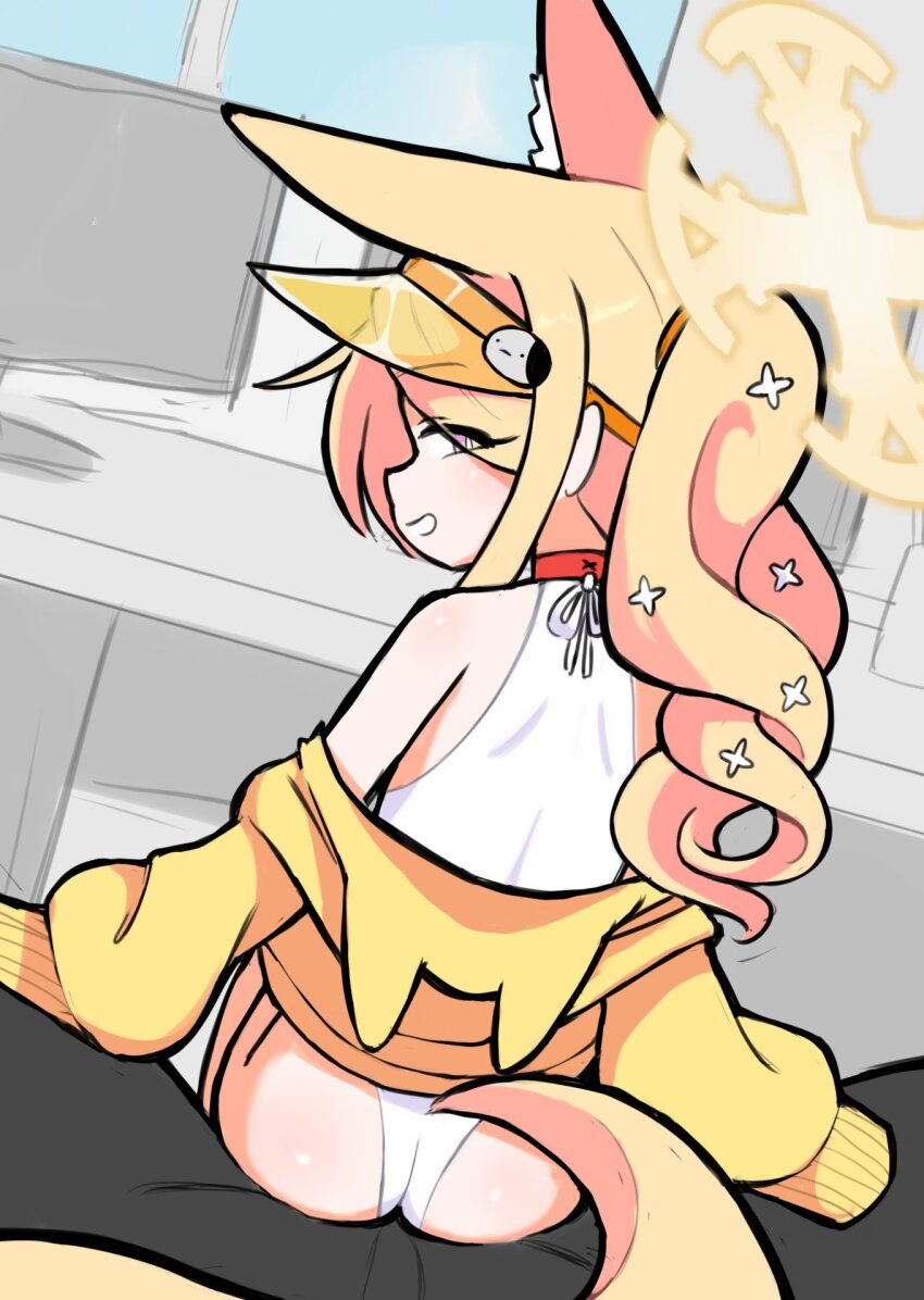 1girl animal_ears ass blonde_hair blue_archive fox_ears fox_girl fox_tail halo highres loli long_hair looking_back notepaddy one-piece_swimsuit ponytail pov pov_crotch seia_(blue_archive) seia_(swimsuit)_(blue_archive) sitting sitting_on_lap sitting_on_person swimsuit tail teasing visor_cap white_one-piece_swimsuit