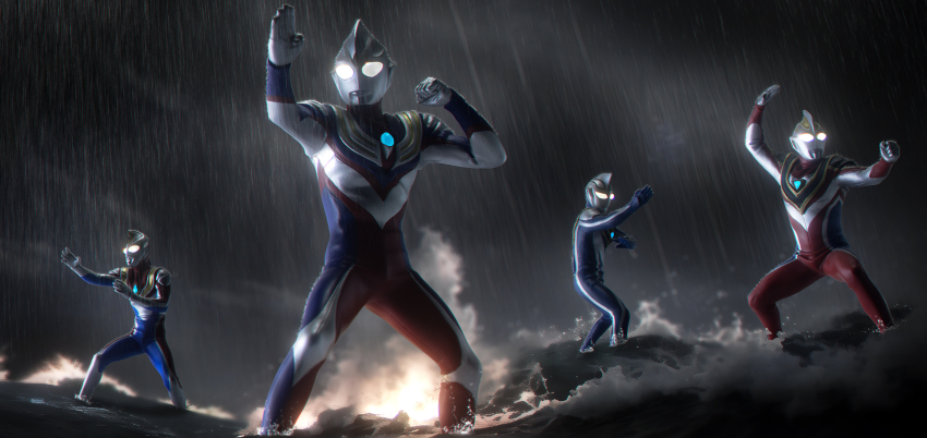 4boys absurdres alien arm_up armor blue_gem blue_skin breastplate clenched_hand cloud color_timer colored_skin commentary compound_eyes dark_cloud dorsal_fin fighting_stance figure_(medium) forehead_jewel gem giant giant_male glowing glowing_eyes gold_trim hands_up highres in-franchise_crossover legs_apart looking_ahead love894anon male_focus multicolored_skin multiple_boys muscular muscular_male no_pupils ocean outdoors overcast pectorals photo_(medium) rain red_skin silver_skin sky standing tokusatsu toned toned_male ultra_series ultraman_agul ultraman_dyna ultraman_dyna_(flash_type) ultraman_dyna_(series) ultraman_gaia ultraman_gaia_(series) ultraman_gaia_(supreme_version) ultraman_tiga ultraman_tiga_(multi_type) ultraman_tiga_(series) wading waves white_eyes wrinkled_skin