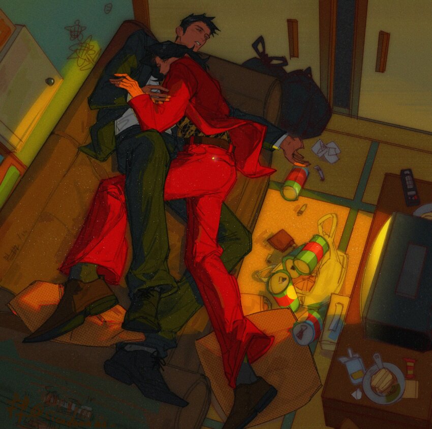 1980s_(style) 2boys beer_can black_hair can controller couch crt drink_can formal_clothes highres kiryu_kazuma male_focus messy_room multiple_boys nibbles488402 nishikiyama_akira oldschool red_suit remote_control retro_artstyle ryuu_ga_gotoku_(series) ryuu_ga_gotoku_0 sleeping suit trash_bag