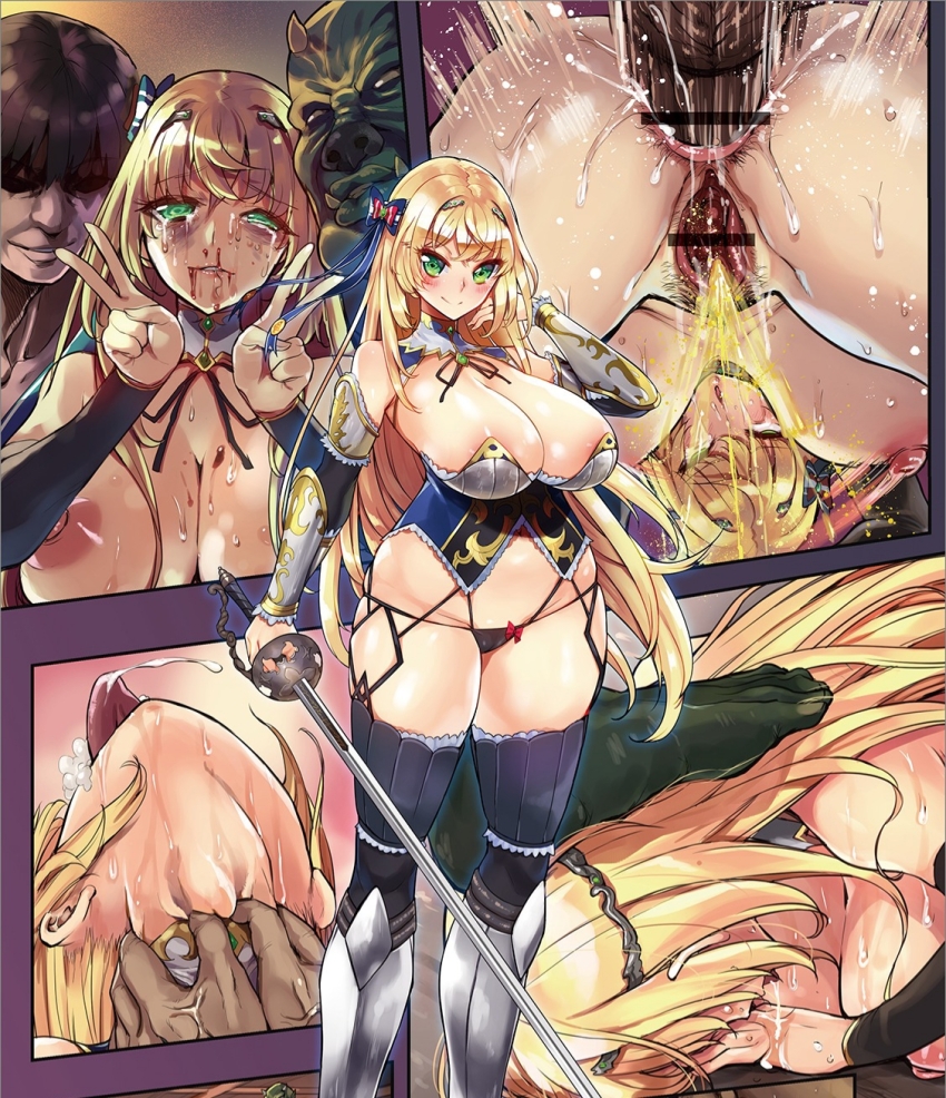 1girl 2boys ahegao anal areola_slip asphyxiation bar_censor black_panties blonde_hair blood bouncing_breasts bow breasts censored cleavage crying crying_with_eyes_open cum cum_in_ass cum_overflow dogeza ereraero female_knight fiorina_(ereraero) foot_on_head hair_bow hanging_breasts highres holding holding_sword holding_weapon large_areolae large_breasts long_hair multiple_boys nipples nosebleed orc original panels panties peeing pubic_hair pussy pussy_juice rapier ryona sex sex_from_behind stepped_on strangling string_panties sweat sword tears third-party_edit tongue tongue_out underwear v weapon