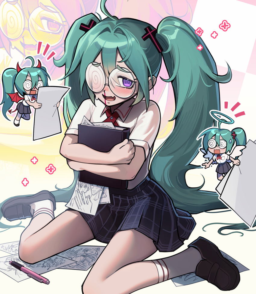 1girl absurdres angel angel_wings aqua_hair aroused_nosebleed blood blue_halo blush chibi coke-bottle_glasses collared_shirt commentary confessions_of_a_rotten_girl_(vocaloid) demon demon_horns demon_wings drawing_(object) english_commentary erinartista fang fujoshi glasses halo hatsune_miku highres holding holding_sketchbook horns hot_yaoi_base_(meme) hugging_object long_hair meme nosebleed pen polo_shirt purple_eyes school_uniform shirt sketchbook twintails vocaloid white_shirt wings
