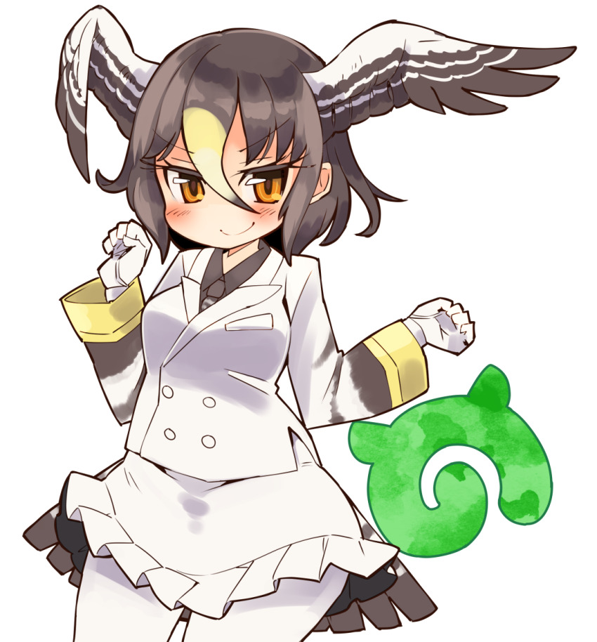 >:) 1girl black_hair black_necktie black_shirt blonde_hair blush closed_mouth collared_shirt commentary_request cowboy_shot frilled_skirt frills gloves hair_between_eyes hands_up head_wings highres ini_(inunabe00) jacket japari_symbol kemono_friends long_sleeves looking_at_viewer miniskirt multicolored_hair necktie northern_goshawk_(kemono_friends) orange_eyes pantyhose shirt short_hair simple_background skirt smile solo two-tone_hair v-shaped_eyebrows white_background white_gloves white_jacket white_pantyhose white_skirt wings