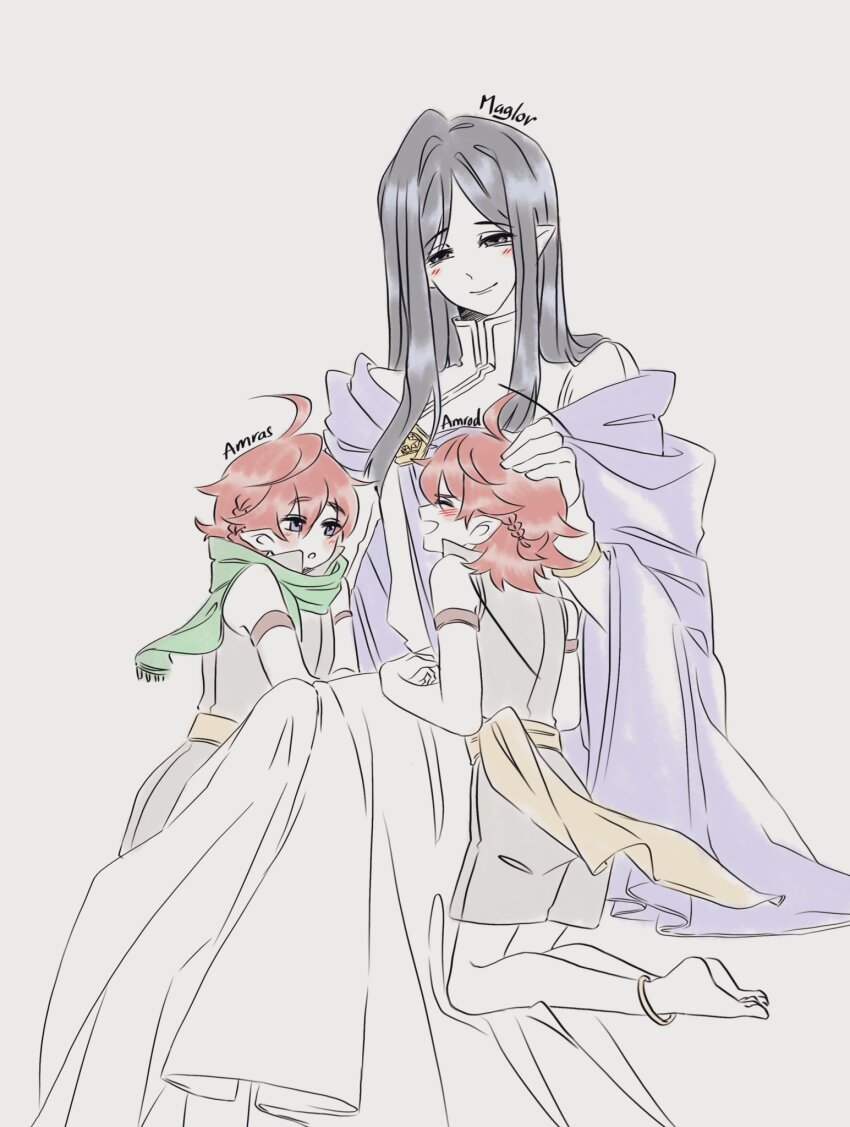 3boys amras amrod androgynous bare_legs barefoot black_hair blush braid brothers bumblebeww character_name closed_mouth elf eyebrows_hidden_by_hair eyes_visible_through_hair hand_on_another&#039;s_head long_hair looking_at_another maglor male_focus multiple_boys open_mouth parted_bangs pointy_ears red_hair scarf short_hair siblings simple_background sitting the_silmarillion tolkien&#039;s_legendarium twins