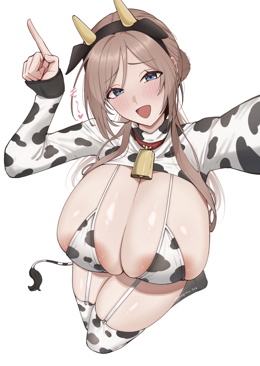 1girl animal_ear_hairband animal_ears animal_print areola_slip bell bikini blue_eyes blush breasts brown_hair cleavage commentary_request cow_ear_hairband cow_ears cow_horns cow_print cow_print_bikini cow_print_thighhighs cow_tail cowbell fake_animal_ears fake_horns foreshortening from_above gakuen_idolmaster hair_bun hairband highres himesaki_rinami horns huge_breasts idolmaster index_finger_raised long_hair looking_at_viewer nagomu_7_56 neck_bell open_mouth outstretched_arm print_bikini print_thighhighs shrug_(clothing) sidelocks simple_background single_hair_bun skindentation smile solo swimsuit tail thighhighs thighs white_background