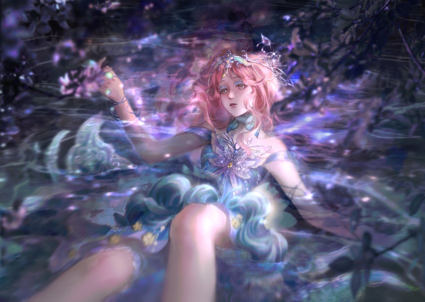 1girl absurdres aqua_eyeshadow bare_legs bloomers blue_bloomers blue_collar blue_dress bracelet brown_eyes butterfly_brooch chinese_commentary circlet collar commentary_request detached_collar dress expressionless eyeshadow feet_out_of_frame floral_print forest_ripple_(infinity_nikki) frilled_bloomers high_collar highres infinity_nikki jewelry lake light_particles lipstick long_hair lying magic makeup night nikki_(nikki) nikki_(series) off-shoulder_dress off_shoulder on_back outdoors parted_lips partially_submerged pink_hair pink_lips print_bloomers sea0 short_dress short_sleeves sidelocks solo underwear