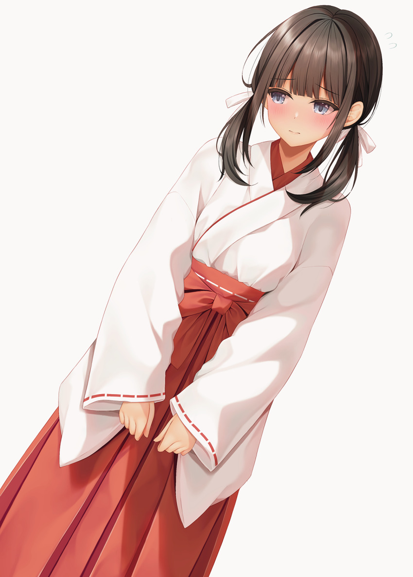 1girl blue_eyes blush bow brown_hair closed_mouth commentary_request dutch_angle flying_sweatdrops grey_background hair_bow hakama hakama_skirt highres japanese_clothes kimono long_hair long_sleeves looking_to_the_side low_twintails miko minato_ojitan original red_hakama ribbon-trimmed_sleeves ribbon_trim simple_background skirt sleeves_past_wrists solo tan twintails white_bow white_kimono wide_sleeves