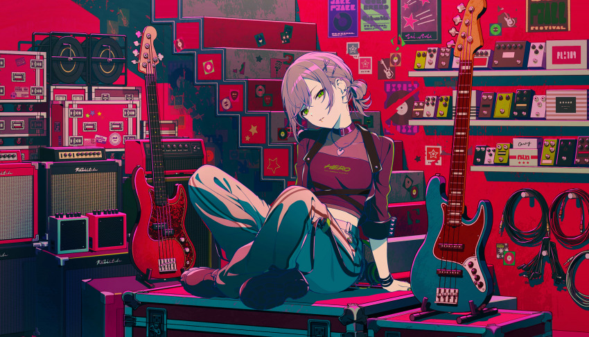 1girl amplifier bass_guitar black_choker black_shirt black_shoes choker colorful_palette fender_jazz_bass find_the_dream_view_(project_sekai) full_body game_cg green_eyes grey_hair grey_pants hair_ornament hairclip highres hinomori_shiho instrument jewelry looking_at_viewer necklace official_alternate_costume official_alternate_hairstyle official_art pants poster_(object) project_sekai shirt shoes short_hair solo star_(symbol) strapless third-party_source tube_top x_hair_ornament