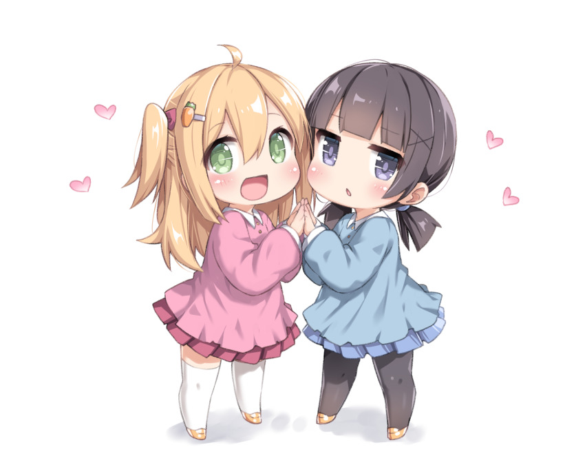 2girls :d :o ahoge black_hair black_pantyhose blonde_hair blue_shirt blue_skirt bow carrot_hair_ornament collared_shirt commentary food-themed_hair_ornament full_body green_eyes hair_between_eyes hair_bow hair_ornament hair_tie heart highres jitome long_hair long_sleeves looking_at_viewer low_twintails medium_hair multiple_girls no_nose open_mouth original palms_together pantyhose pink_bow pink_shirt pink_skirt purple_eyes shirt shoes skirt smile standing symbol-only_commentary tamase_tama thighhighs twintails two_side_up white_background white_thighhighs x_hair_ornament yellow_shoes