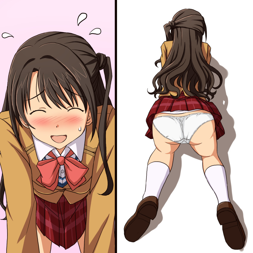 1girl all_fours ass blazer blush bow bowtie brown_hair brown_jacket brown_shoes closed_eyes commentary_request commission crotch_seam dress_shirt facing_viewer flying_sweatdrops highres idolmaster idolmaster_cinderella_girls jacket lielos loafers long_hair long_sleeves miniskirt multiple_views one_side_up open_mouth panties partial_commentary pixiv_commission pleated_skirt red_bow red_bowtie red_skirt school_uniform shimamura_uzuki shirt shoes skirt smile socks split_screen underwear white_panties white_shirt white_socks wing_collar