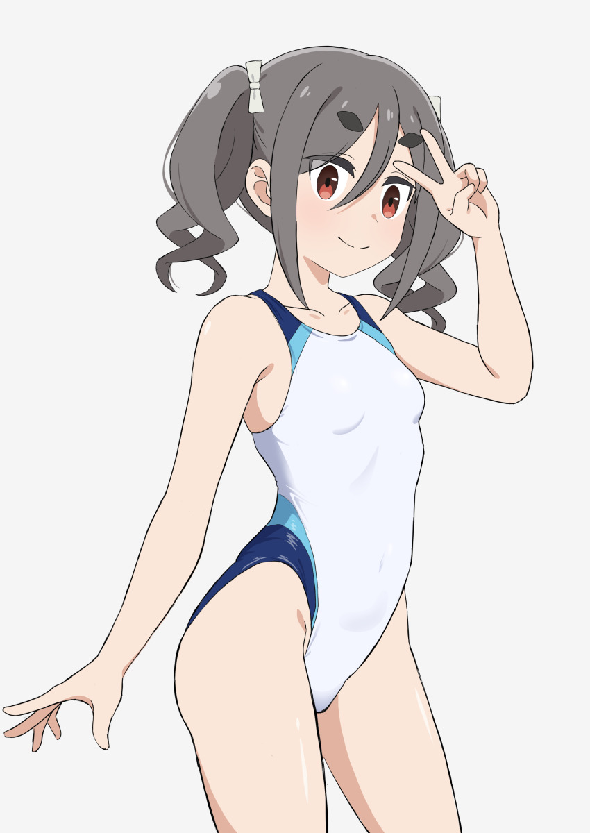 1girl absurdres breasts brown_eyes commentary_request competition_swimsuit contrapposto grey_hair highleg highleg_one-piece_swimsuit highres kiriyama_an mono_(afro) multicolored_swimsuit one-piece_swimsuit simple_background small_breasts solo standing swimsuit thick_eyebrows twintails usazirou539 v white_background white_one-piece_swimsuit