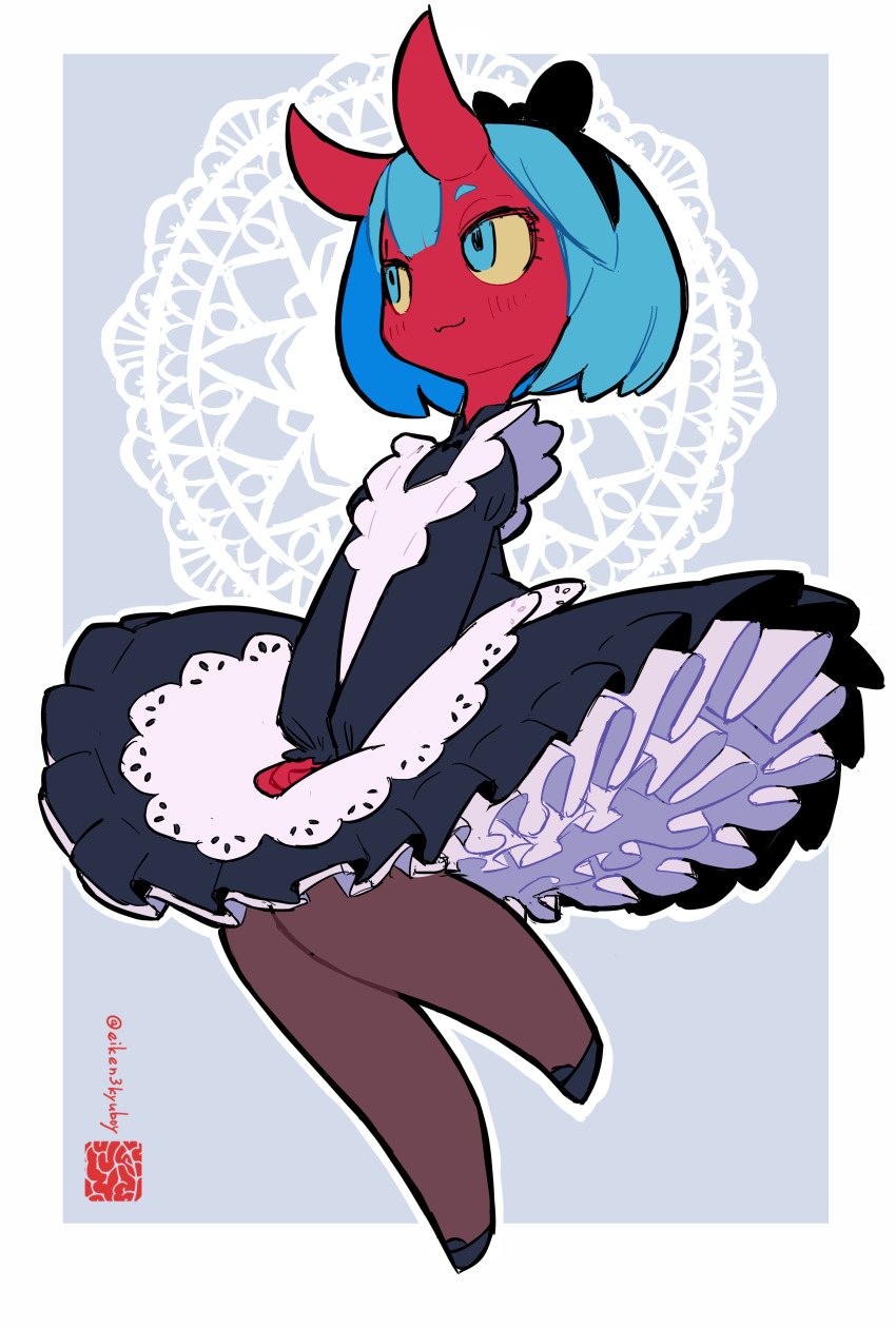 1girl :3 absurdres apron aqua_eyes aqua_hair black_dress black_shoes blush border brown_pantyhose closed_mouth colored_sclera colored_skin commentary_request demon_girl demon_horns dress eyelashes frilled_dress frills full_body highres horns iwako_(eiken3kyuboy) long_sleeves maid original outline pantyhose red_skin shoes short_hair skin-covered_horns smile solo white_apron white_border white_outline yellow_sclera