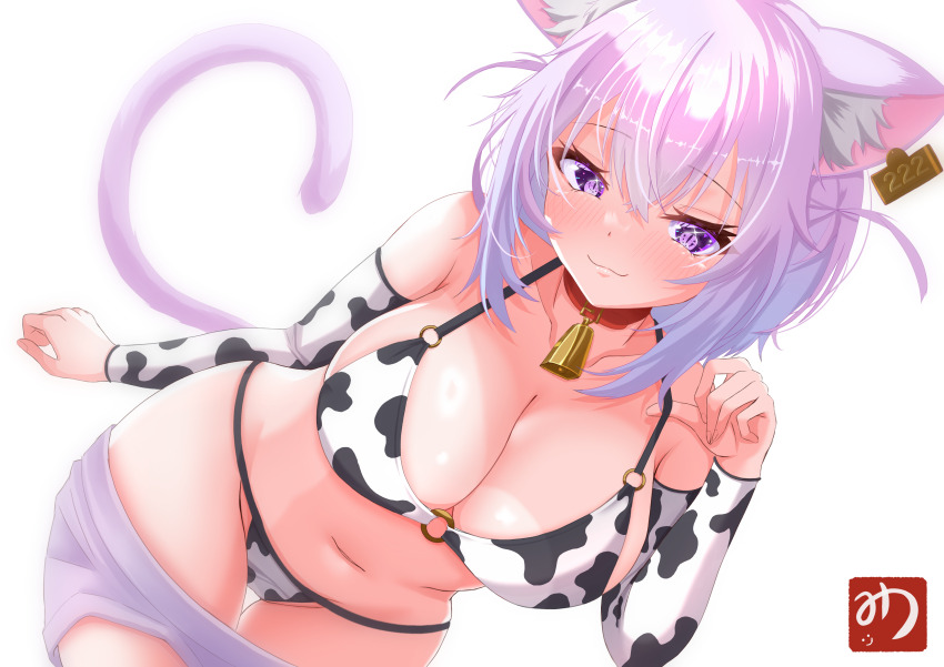 1girl absurdres animal_ear_fluff animal_ears animal_print bell bikini blush breasts cat_ears cat_girl cat_tail cleavage closed_mouth collar collarbone cow_print cow_print_bikini cowbell groin highres hololive large_breasts looking_at_viewer muutsu_(maxwell0916) navel nekomata_okayu print_bikini purple_eyes purple_hair red_collar simple_background solo swimsuit tail virtual_youtuber white_background