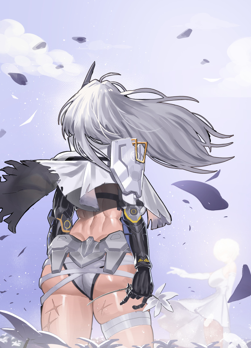 2girls absurdres ass back bandaged_leg bandaged_waist bandages cloak commentary cowboy_shot field flower flower_field from_behind gamjasssak goddess_of_victory:_nikke grey_panties highres holding holding_flower korean_commentary liliweiss_(nikke) long_hair mechanical_arms multiple_girls muscular muscular_female official_alternate_design panties petals purple_background scar scar_on_leg scar_on_thighs snow_white_(heavy_arms)_(nikke) snow_white_(nikke) solo_focus standing torn_cloak torn_clothes underwear white_cloak white_flower white_hair wind