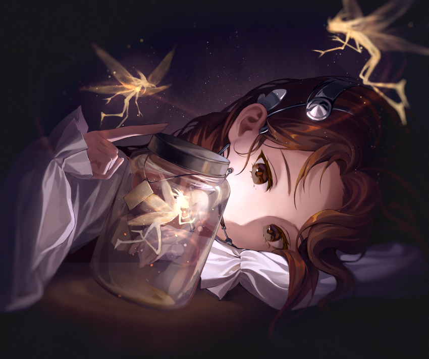 1girl absurdres alohayuja arm_pillow braces brown_eyes brown_hair creature dark_background fairy head_on_arm head_rest highres jar long_hair long_sleeves looking_at_viewer reverse:1999 shirt solo tag tooth_fairy_(reverse:1999) upper_body white_shirt