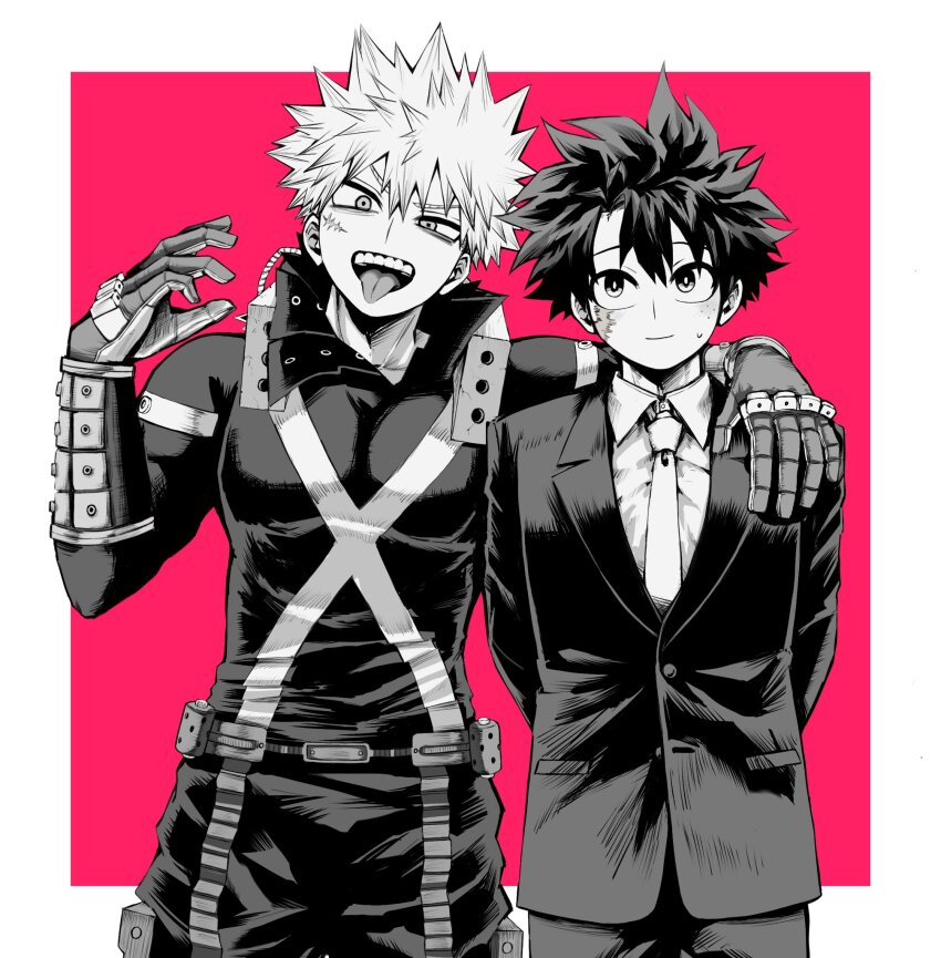 2boys arm_around_shoulder arm_up arms_behind_back bakugou_katsuki belt boku_no_hero_academia border closed_mouth collared_shirt commentary_request facial_scar formal_clothes greyscale_with_colored_background hair_between_eyes highres jacket lapels looking_at_another looking_to_the_side male_focus midoriya_izuku multiple_boys necktie notched_lapels open_collar outside_border pants parted_bangs red_background scar scar_on_cheek scar_on_face shirt short_hair side-by-side sideways_glance smile spiked_hair standing suit suit_jacket superhero_costume teeth tongue tongue_out upper_teeth_only use_zeinuki white_border wing_collar