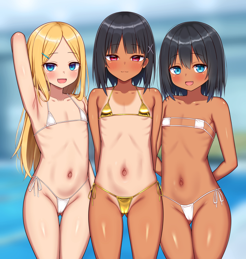 3girls :d armpits arms_behind_back bikini black_hair blonde_hair blue_eyes blurry blurry_background blush commentary_request eyepatch_bikini fang flat_chest gold_bikini highres loli long_hair looking_at_viewer micro_bikini multiple_girls navel one-piece_tan open_mouth original short_hair smile standing stomach swimsuit tan tanline thighs white_bikini yakinasu87