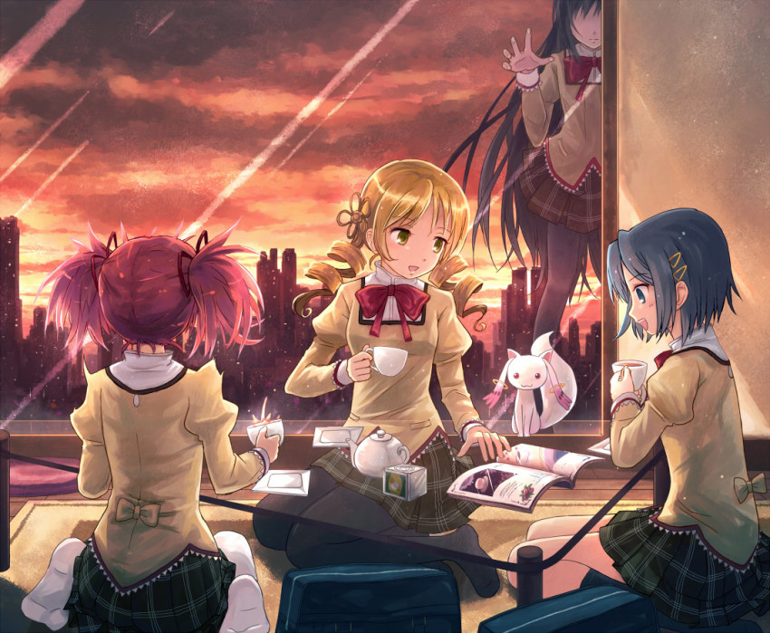 10s 4girls akemi_homura black_hair black_pantyhose blonde_hair blue_eyes blue_hair cup drill_hair kaname_madoka kyubey long_hair mahou_shoujo_madoka_magica mahou_shoujo_madoka_magica_(anime) miki_sayaka multiple_girls pantyhose peeking peeking_out pink_hair school_uniform short_hair short_twintails surprised teacup tomoe_mami twintails yakka yellow_eyes