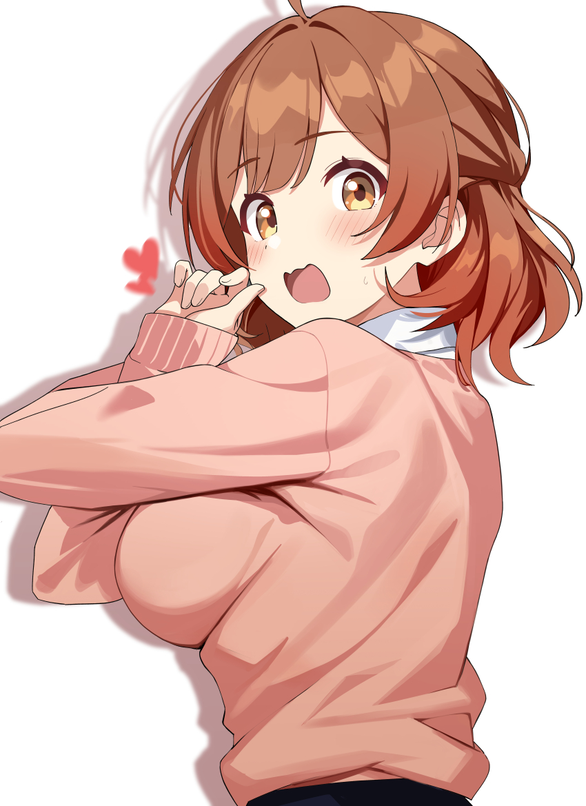 1girl absurdres ahoge aweqdre blush breasts brown_cardigan brown_hair cardigan commentary gakuen_idolmaster gradient_hair hanami_ume hatsuboshi_gakuen_school_uniform heart highres idolmaster large_breasts long_sleeves looking_at_viewer looking_to_the_side medium_hair multicolored_hair orange_hair school_uniform shadow simple_background solo upper_body white_background