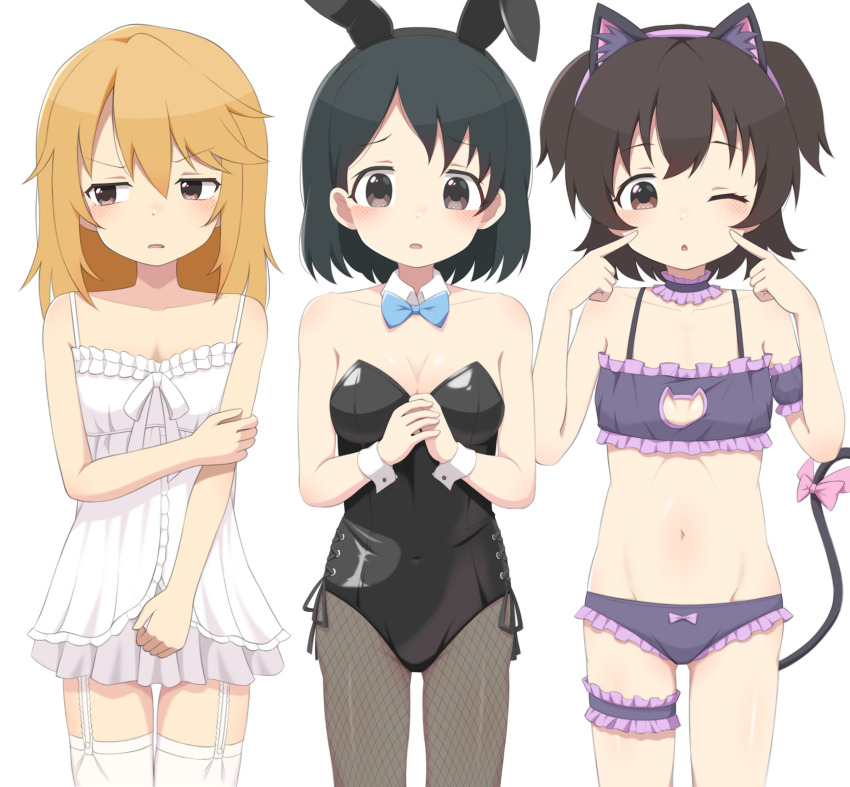 3girls ;o absurdres akagi_miria alternate_costume animal_ear_hairband animal_ears averting_eyes bikini black_hair black_leotard blue_bow blue_bowtie blush bow bowtie breasts brown_hair cat_cutout cat_ear_hairband cat_ears cat_tail chemise choker cleavage cleavage_cutout clothing_cutout detached_collar fake_animal_ears fake_tail fingers_to_cheeks frilled_bikini frilled_choker frilled_thigh_strap frills garter_straps hairband highres idolmaster idolmaster_cinderella_girls idolmaster_cinderella_girls_u149 leotard lineup loli looking_at_viewer medium_hair mooramango multiple_girls navel one_eye_closed orange_hair own_hands_together playboy_bunny purple_bikini rabbit_ear_hairband rabbit_ears sasaki_chie short_hair simple_background sleeves_past_wrists small_breasts stomach straight_hair strapless strapless_leotard swimsuit tail thigh_strap thighhighs two_side_up white_background white_chemise white_garter_straps white_thighhighs yuuki_haru