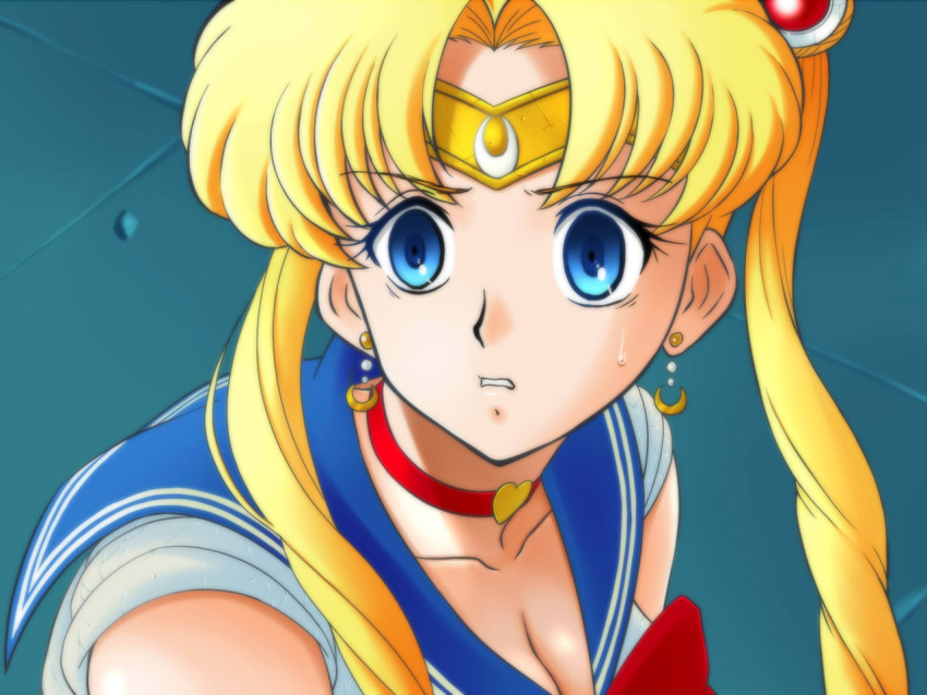 1girl bishoujo_senshi_sailor_moon bishoujo_senshi_sailor_moon_s blonde_hair blue_eyes blue_sailor_collar breasts choker cleavage collarbone crescent crescent_earrings crying crying_with_eyes_open derivative_work double_bun earrings facial_mark forehead_mark gem hair_bun heart heart_choker jewelry large_breasts lento_(glamour_works) long_hair medium_breasts meme parted_bangs red_choker sailor_collar sailor_moon sailor_moon_redraw_challenge_(meme) sailor_senshi_uniform screenshot_redraw solo tears tsukino_usagi twintails upper_body
