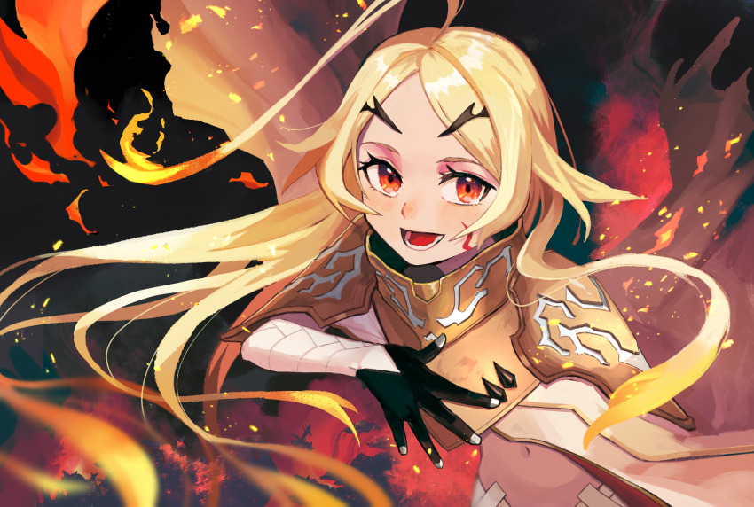 1girl absurdres ahoge armor black_gloves blonde_hair blush cape commentary_request fiery_hair fire gloves gradient_hair highres huge_ahoge long_hair lower_teeth_only midriff multicolored_hair navel open_mouth orange_hair red_eyes red_hair solo suyansuya teeth teoritta very_long_hair yuushakei_ni_shosu