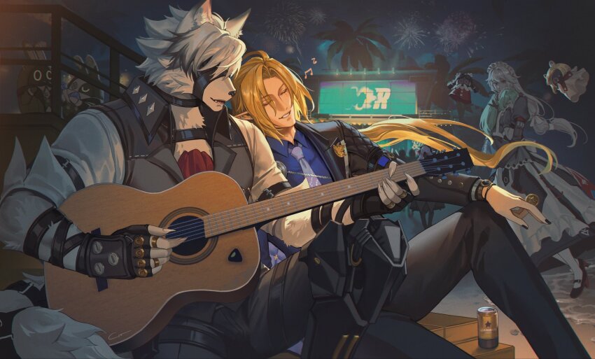 2boys 3girls acoustic_guitar aerial_fireworks ahoge alexandrina_sebastiane anastella_(zenless_zone_zero) animal_ear_fluff animal_ears apron arm_belt bangboo_(zenless_zone_zero) beach beer_can belt belt_buckle black_belt black_choker black_dress black_gloves black_hair black_jacket black_nails black_pants black_shoes blonde_hair body_fur bracelet buckle butler_(zenless_zone_zero) can carrying choker claws closed_eyes coin collared_shirt collared_vest commentary corin_wickes crovius crowd dress drink_can drusilla_(zenless_zone_zero) ear_piercing earrings english_commentary eyepatch fangs fingerless_gloves fingernails fireworks floating floating_hair frilled_apron frills furry furry_male gloves green_hair grey_hair grey_pants grey_vest guitar hair_between_eyes high_heels highres holding holding_coin holding_guitar holding_instrument hugo_vlad instrument jacket jewelry juliet_sleeves knee_up lapel_pin lapels long_hair long_sleeves low-tied_long_hair low_ponytail maid maid_apron maid_headdress male_focus multicolored_hair multiple_boys multiple_girls music musical_note muzzle_(mask) nail_polish necktie night one_eye_covered open_clothes open_jacket open_mouth outdoors palm_tree pants parted_bangs parted_lips piercing playing_guitar playing_instrument pointy_ears ponytail puffy_sleeves purple_hair purple_necktie purple_shirt railing red_eyes robin_(zenless_zone_zero) sand screw_hair_ornament shirt shoes short_hair short_sleeves sidelocks singing sitting sky sleeping smile stage star_(symbol) streaked_hair tail tail_belt teeth thigh_strap tree twintails very_long_hair vest vivian_banshee von_lycaon watch water white_apron white_fur white_hair white_shirt wolf_boy wolf_ears wolf_tail wristwatch yaoi zenless_zone_zero