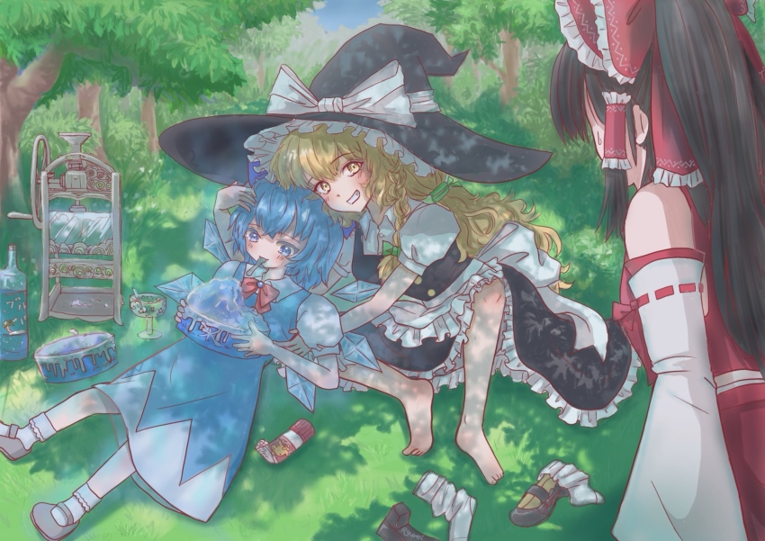 3girls apron barefoot black_hair black_hat black_shoes black_skirt black_vest blonde_hair blue_bow blue_eyes blue_hair blue_skirt blue_vest blush bottle bow bowl bowtie braid bush buttons cirno collared_shirt cup detached_sleeves dress_shirt drinking_glass fairy food footwear_bow frilled_apron frilled_bow frilled_hair_tubes frilled_skirt frills grass green_bow grin hair_bow hair_tie hair_tubes hakurei_reimu hand_on_another's_head hat hat_bow highres holding holding_bowl hug ice ice_wings kirisame_marisa large_bow large_hat leaf long_hair looking_at_another looking_at_food lying multiple_girls on_back outdoors ponytail red_bow red_bowtie red_ribbon red_shirt red_skirt rgley ribbon sash shade shaved_ice shirt shoes short_hair short_sleeves single_braid sitting skirt sleeve_ribbon smile socks standing sweatdrop touhou tree undershirt unworn_shoes unworn_socks utensil_in_mouth very_long_hair vest waist_apron white_apron white_bow white_sash white_shirt white_sleeves white_socks wide_brim wings witch_hat yellow_eyes