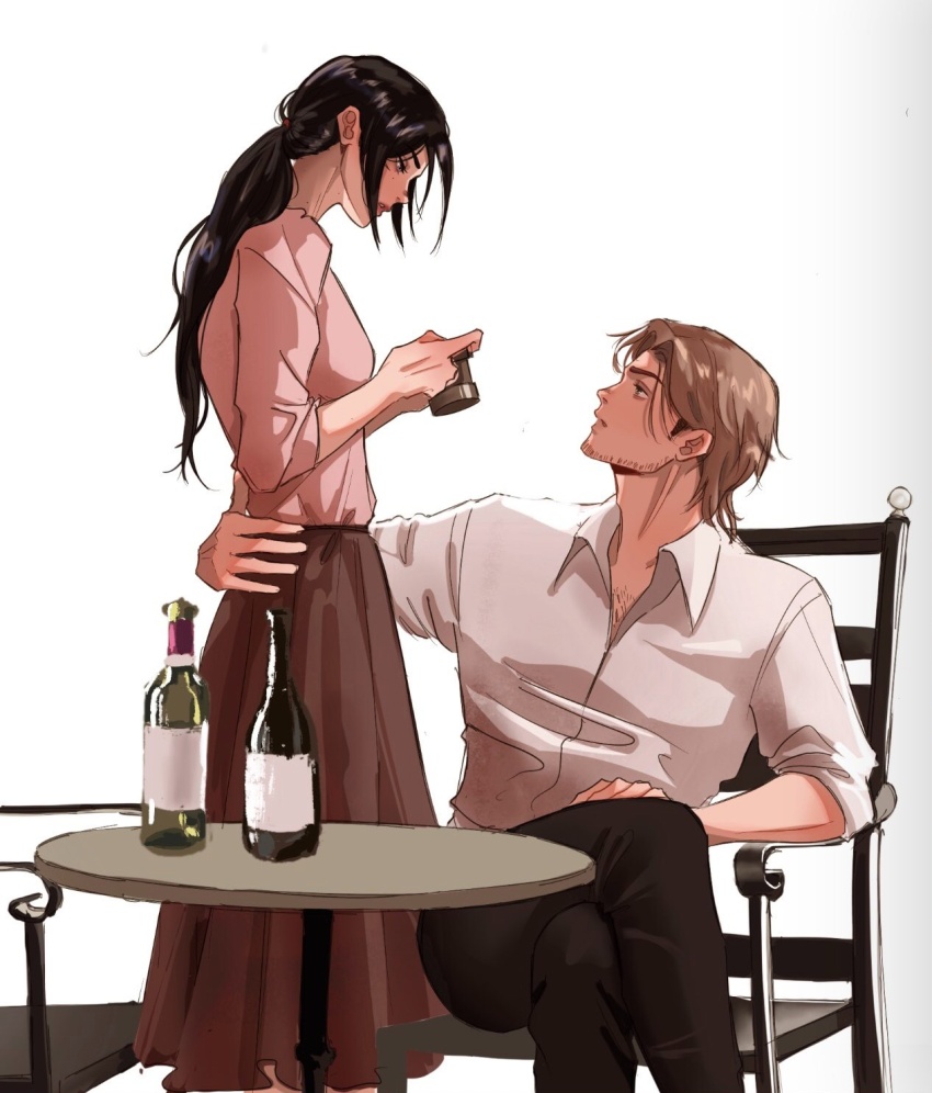 1boy 1girl affair aged_up alternate_costume bad_id bad_tag bad_twitter_id beard betrayal black_hair black_pants bottle brown_hair brown_skirt camera cheating_(relationship) disgrace disgust facial_hair flaryangel highres holding holding_camera incest infidelity jean_kirstein long_hair low_ponytail mikasa_ackerman netorare netorase out_of_character pants pink_shirt ponytail shingeki_no_kyojin shirt short_hair sitting skirt unfaithful white_shirt