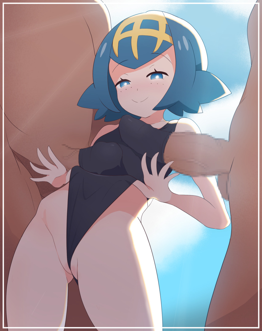 1girl 2boys absurdres age_difference black_one-piece_swimsuit blue_eyes blue_hair blue_one-piece_swimsuit blue_sky cameltoe censored cowboy_shot day dbm dot_nose double_paizuri from_below group_sex hetero highres lana_(pokemon) loli looking_at_viewer looking_down matching_hair/eyes mmf_threesome mosaic_censoring multiple_boys naizuri naughty_face nintendo one-piece_swimsuit outdoors paizuri penis perpendicular_paizuri pokemon pokemon_sm short_hair size_difference sky smile solo_focus standing swimsuit threesome