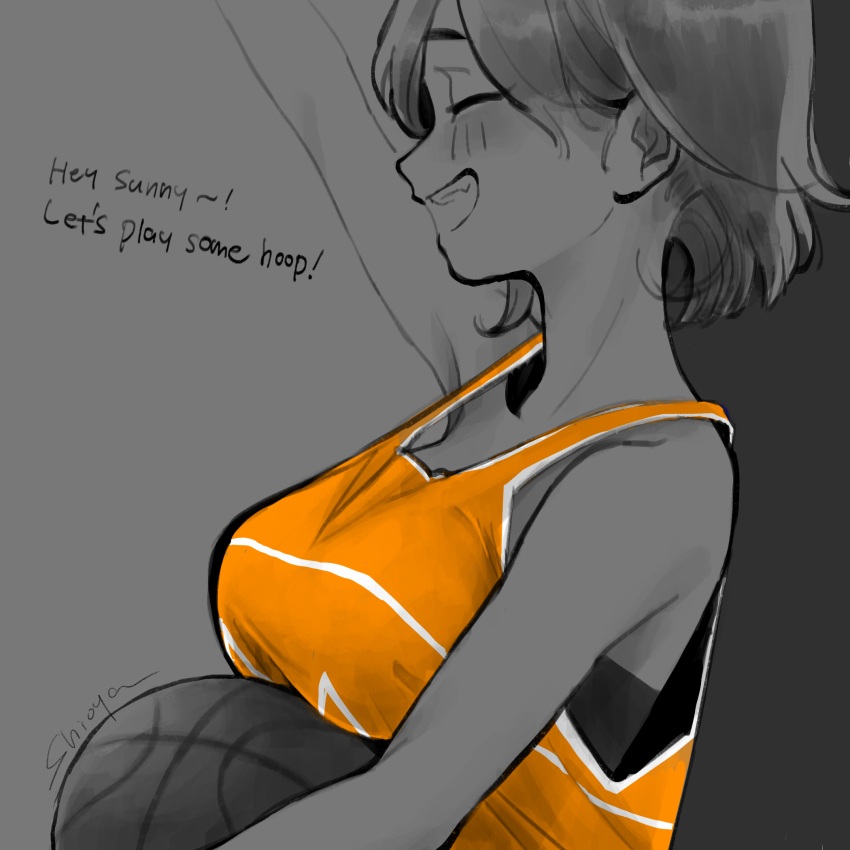 1girl arm_up artist_name ball basketball_(object) blush breasts closed_eyes english_text from_side genderswap genderswap_(mtf) greyscale grin highres holding holding_ball kel_(faraway)_(omori) kel_(omori) large_breasts monochrome omori open_mouth shioya_(shioya_omo) short_hair smile solo spot_color teeth upper_body
