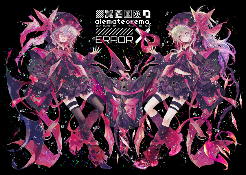 2girls :d alternate_costume bat_wings belt black_background black_choker black_hat black_jacket black_leg_warmers black_nails black_shoes black_skirt black_thighhighs blonde_hair blue_hair bow bowtie choker commentary_request fang flandre_scarlet full_body hair_between_eyes hand_up hat hat_bow heart high_heels highres hood hood_up hooded_jacket jacket kobayashi_yoshitaka laevatein_(touhou) leg_warmers long_hair looking_at_viewer midriff mob_cap multiple_girls navel open_mouth pink_belt pink_bow pink_bowtie pink_eyes pink_ribbon pixel_heart remilia_scarlet ribbon shoes siblings sisters skirt smile teeth thigh_strap thighhighs touhou upper_teeth_only water_drop wings