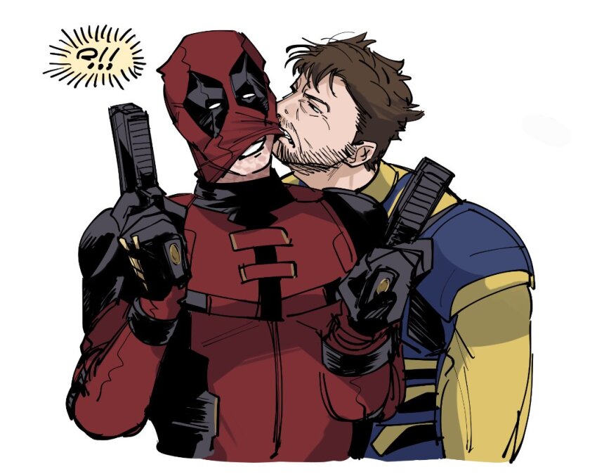 !? 2boys bara beard biting bodysuit commentary_request deadpool deadpool_&amp;_wolverine deadpool_(series) dual_wielding facial_hair gloves gun holding holding_gun holding_weapon iji_1228 lifting_another's_clothes male_focus marvel marvel mask_lift mixed-language_commentary multiple_boys muscular muscular_male red_bodysuit red_mask simple_background smile superhero_costume teeth weapon white_background wolverine_(x-men) x-men yaoi yellow_bodysuit