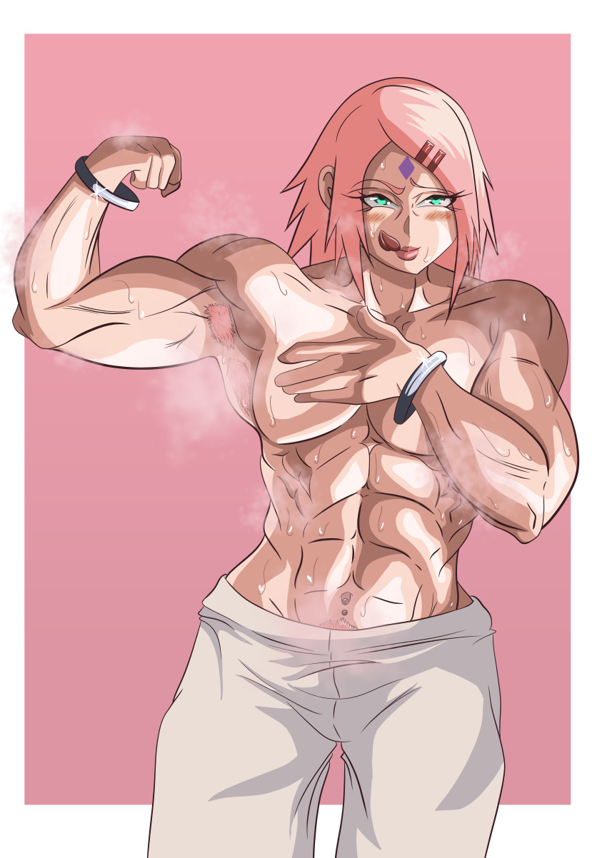 abs absurdres armpits boruto:_naruto_next_generations boruto:_two_blue_vortex breasts commentary green_eyes hairy haruno_sakura highres hot muscular muscular_female naruto_(classic) naruto_(series) naruto_shippuuden non-web_source pink_hair pubic_hair short_hair small_breasts smell sweat