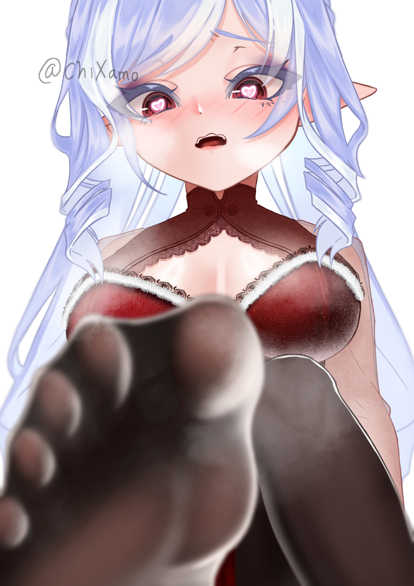 1girl absurdres blush chixamo feet heart heart-shaped_pupils highres long_hair looking_at_viewer open_mouth pantyhose pointy_ears pov red_eyes soles steam symbol-shaped_pupils toes vivian_banshee zenless_zone_zero
