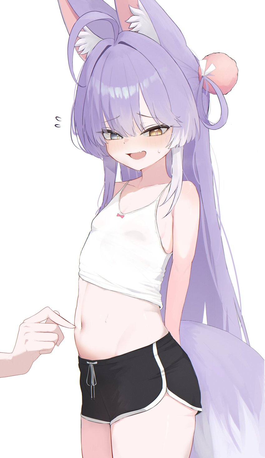 1girl 1other absurdres ahoge animal_ear_fluff animal_ears arms_behind_back bare_shoulders belly black_shorts blush breasts camisole cowboy_shot dolphin_shorts fang flying_sweatdrops fox_ears fox_girl fox_tail gamble_0 heterochromia highres loli long_hair midriff navel open_mouth purple_hair short_shorts shorts simple_background skin_fang small_breasts solo_focus stellive stomach sweat tail tank_top tenko_shibuki very_long_hair white_background white_camisole white_tank_top yellow_eyes