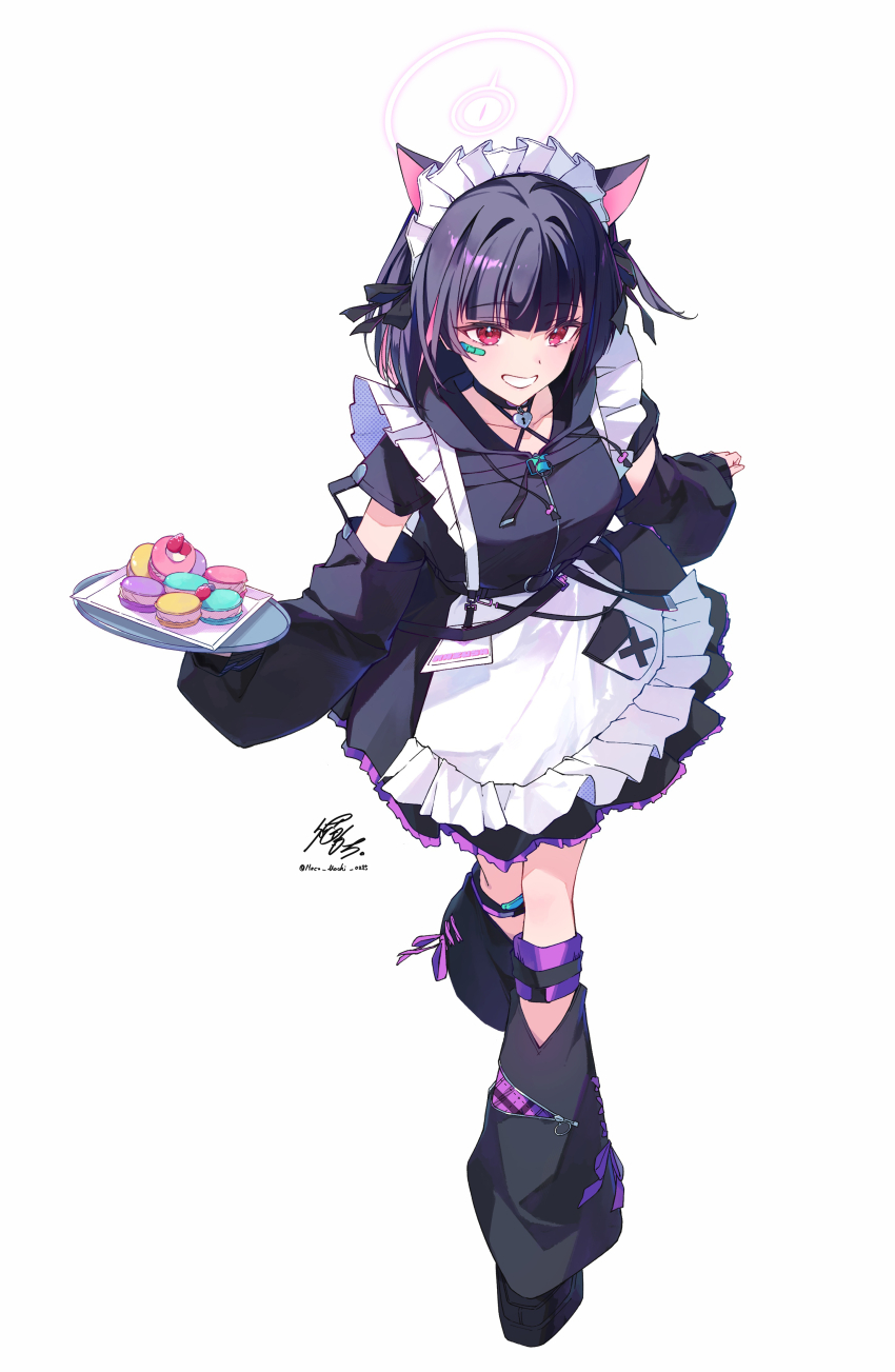 1girl absurdres alternate_costume animal_collar animal_ears apron bandaid bandaid_on_face black_hair black_leg_warmers blue_archive cat_ears cat_girl collar colored_inner_animal_ears colored_inner_hair commentary_request detached_sleeves dress enmaided food frilled_apron frilled_dress frills full_body grin halo highres holding holding_tray kazusa_(blue_archive) knee_pads leg_warmers looking_at_viewer macaron maid maid_apron maid_headdress multicolored_hair nekomochi pink_hair pink_halo red_eyes short_hair sleeves_past_wrists smile solo tray two-tone_hair waist_apron white_apron